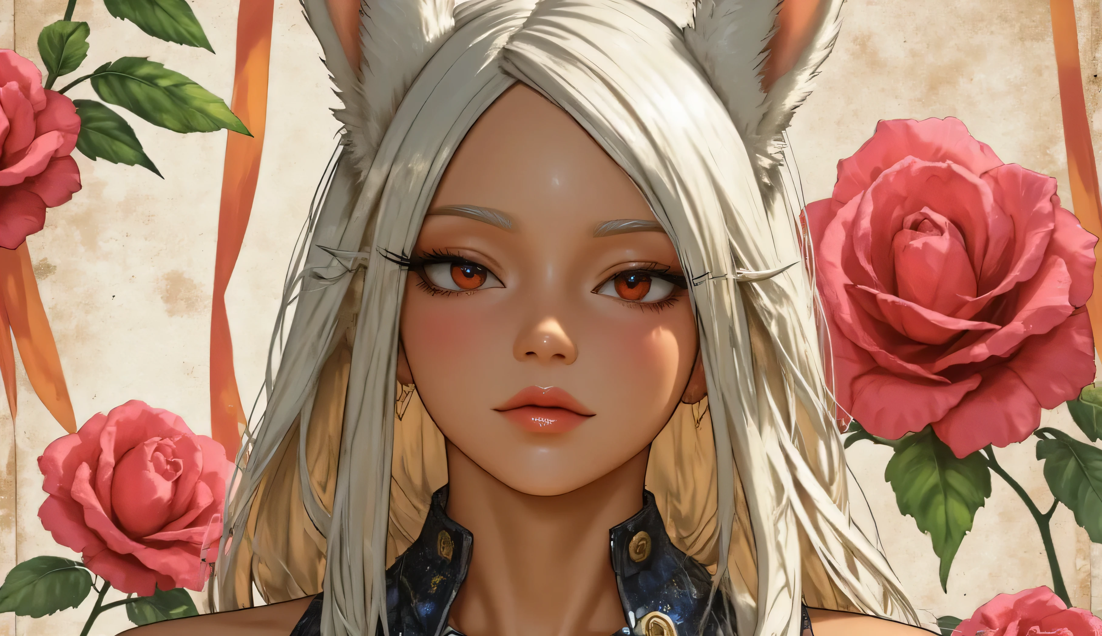 M1rko, long hair, animal ears, white hair, dark skin, rabbit ears, dark-skinned female, muscular, rabbit girl, muscular female, red eyes, parted bangs,#39;s realistic lithograph portrait of a woman, flower, [Gear], DIESEL PUNK, Multicolored ribbons, Old Paper Texture, very detailed,