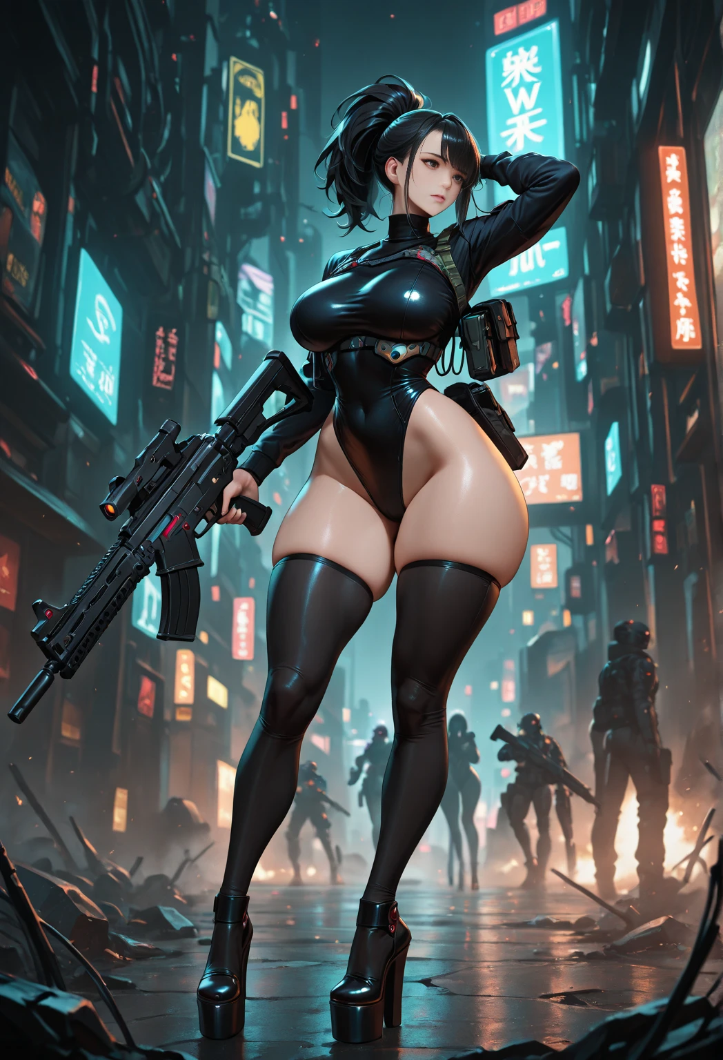 young girl, Pullover, hig cut leotard, whole body to see, angry look , scream, Bob cut hair, (( very wide hips)), (((colossal Thighs, gigantic thighs, very huge thighs, very big thighs))), fullbody, platform heels, Brown skin, very Big breast, gun, cyberpunk, soldier girl , full body,