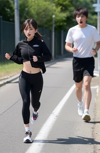 A muscular woman in a sports bra walks down the street with the hands of a skinny little man in long coat and shorts, high quality, 8k, outdoor natural light, sense of humor, sense of dislocation, funny