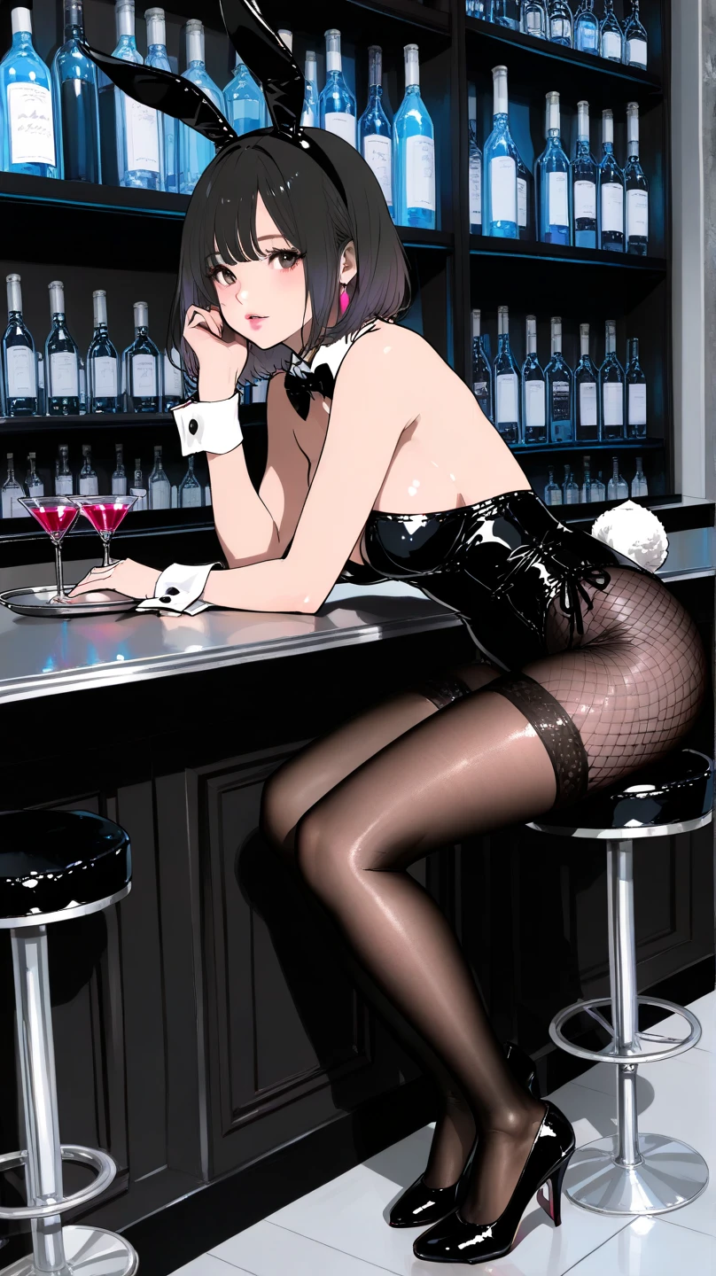 (Highest qualityのイラスト:1.2), (pretty girl:1.1), (1 girl、17 years old、whole body),(1 girl、smile、Round eyes:1.2)、Bright blue hair、Short Bob Hair、Bunny girl、Bunny ears、Blue leotard、Fishnet tights、High heels、Medium chest、Café Bar、smile、masterpieceサイドライト、masterpiece、Highest quality、detailed、High resolution illustrations), Soft Focus
