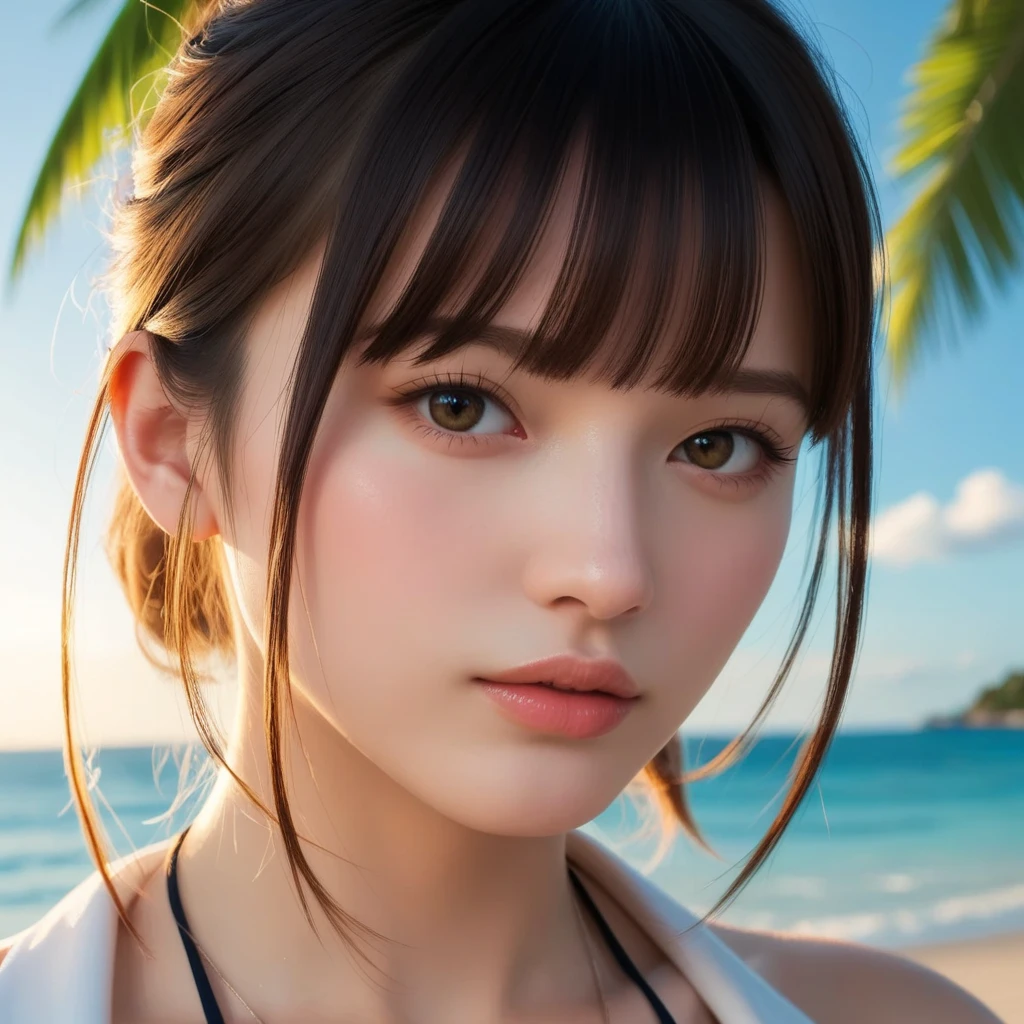 masutepiece, Best Quality, Illustration, Ultra-detailed, finely detail, hight resolution, 8K Wallpaper, Perfect dynamic composition, Beautiful detailed eyes, Wear a dress, Natural Color Lip,Beach, Random and cute poses, Kissing face,Close your eyes,Face Kiss Viewer,Perfect and beautiful face,Cute,Sexy face,Sunset,A face that felt ecstasy,Feminine face,Expression of excitement climax having sex