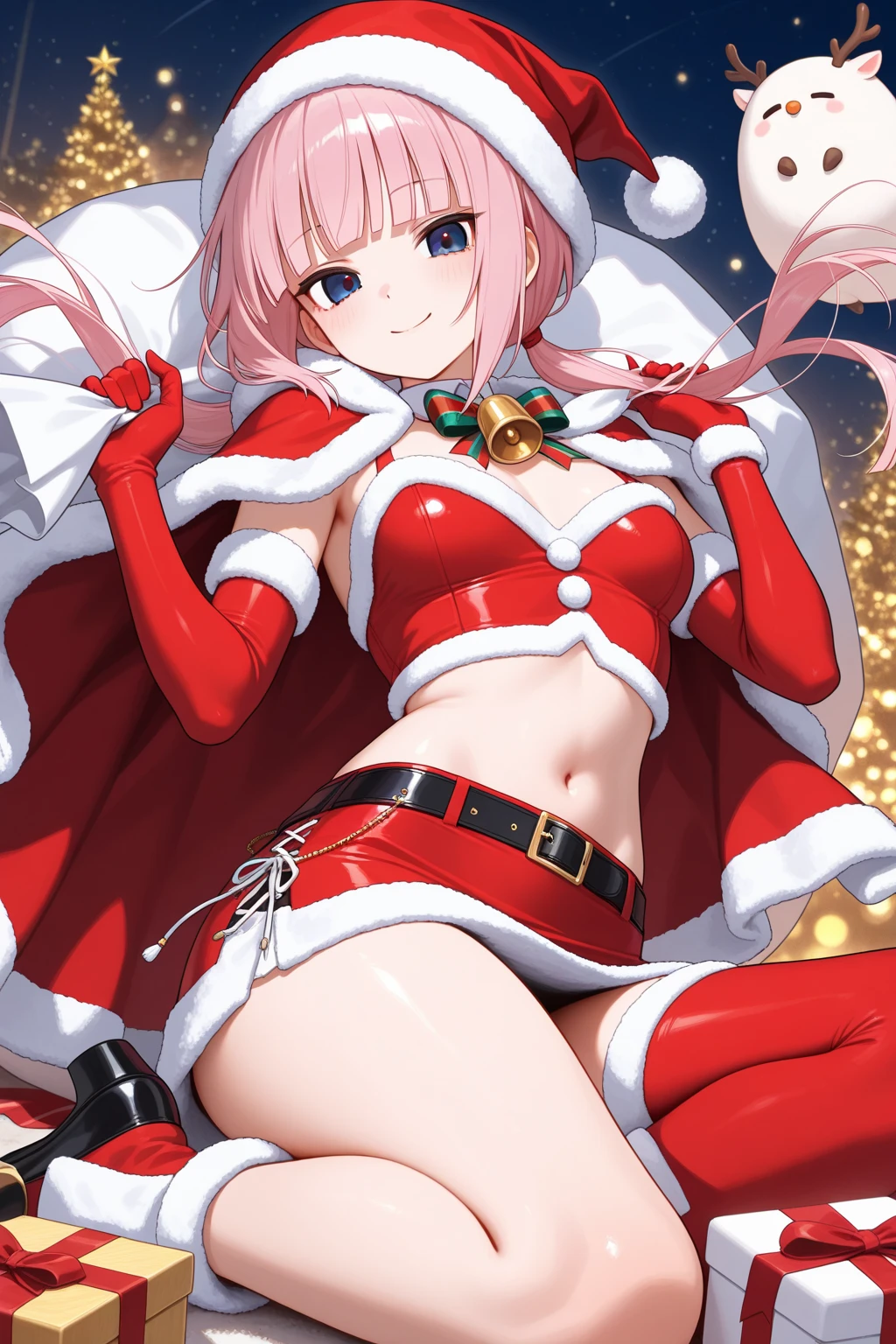 <lora:ichinose_honamiV1:0.8>,ichinose_honami_\(youjitsu\), 1girl, thighhighs, solo, long_hair, gloves, boots, open_mouth, one_eye_closed, hat, navel, elbow_gloves, simple_background, smile, santa_hat, breasts, red_gloves, midriff, white_thighhighs