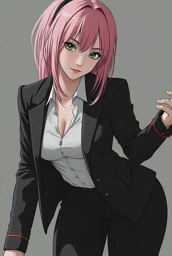 detailed woman in a suit, short pink hair, green eyes, cleavage