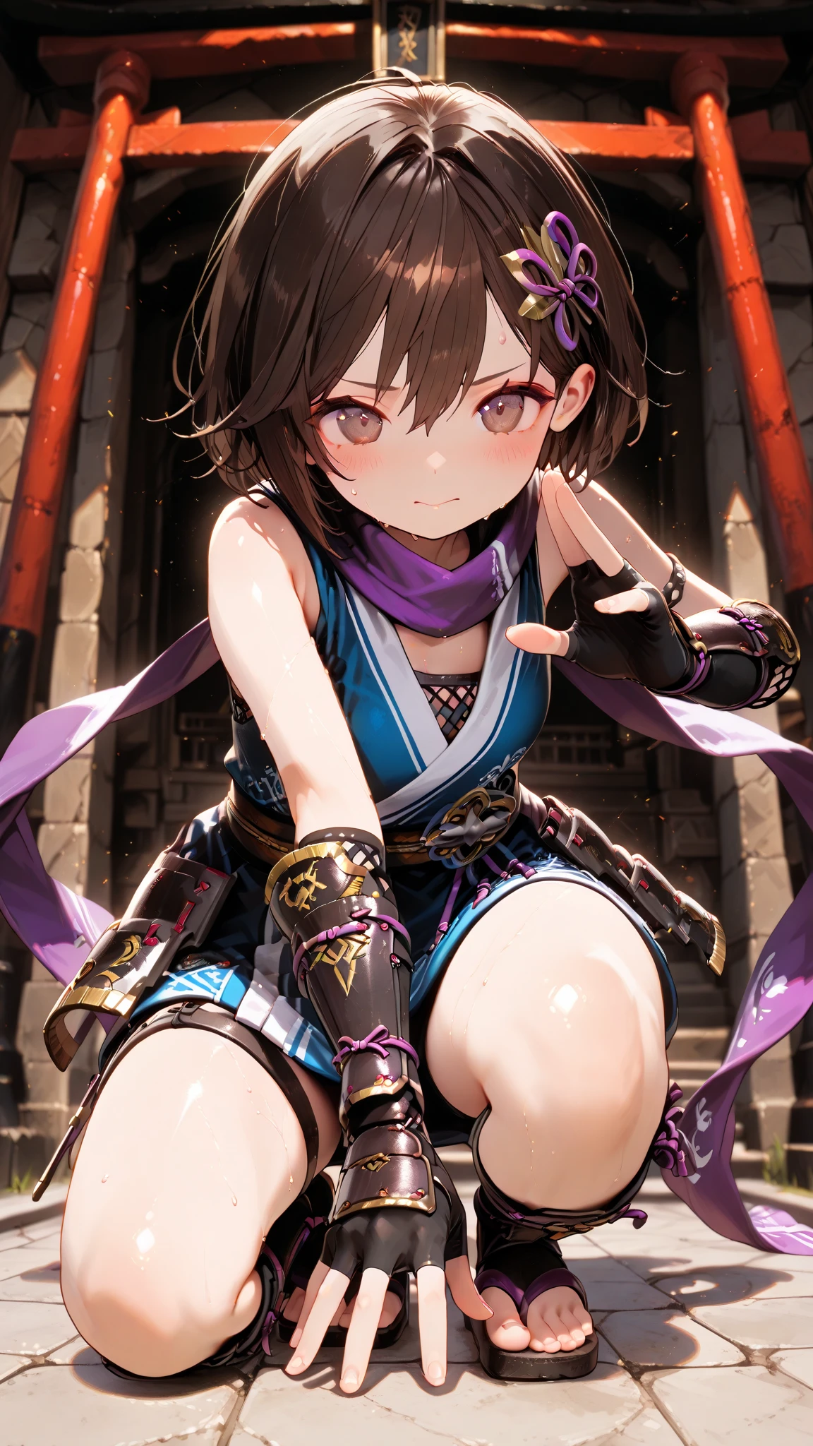 dynamic pose, foreshortening, extreme perspective,masterpiece , 最High Quality , High Quality , very aesthetic , Newest , Scenery , voluminous lighting , depth of field , ninja, romancing saga 2、1girl, short stack,Priestess costume with visible forehead、elementary school student、flat chest、Shiny Skin、Young face、Embarrassing Expression、profile、((blush))、sweat、Face gaze、 pose with side view、((5 anatomically correct fingers))、Full Body、cool pose、shrine、In the precincts of Torii、