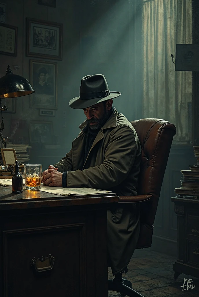 An image of a 1940s private detective dressed in a sensual and captivating detective costume, investigating a smoky jazz club. The scene evokes the atmosphere of a classic detective novel, with moody lighting, jazz music and a hint of danger in the air.