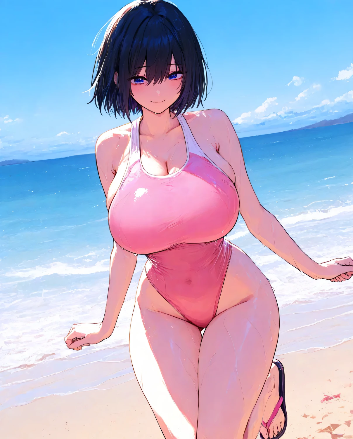 shiny skin, shiny body,komishuuko, big breast , cum on cleavage, cum: 1.5, blush, cum on face, angry face, thick thighs,(komishuuko),beautiful,masterpiece, best quality, extremely detailed face,perfect lighting,smile,beach,huge breasts,outdoors,sunny,looking at viewer,(1girl:1.3), black socks
