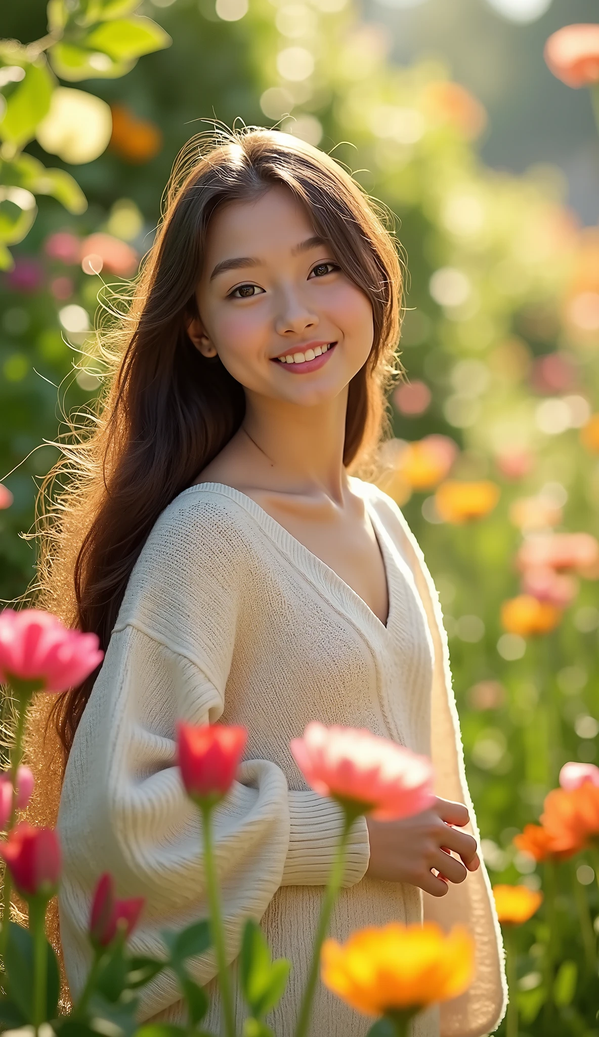 girl, white sweater, garden, flowers, smile, tyle: Realism, Nature
Mood: Calm, Peaceful
Lighting: bright and sunny