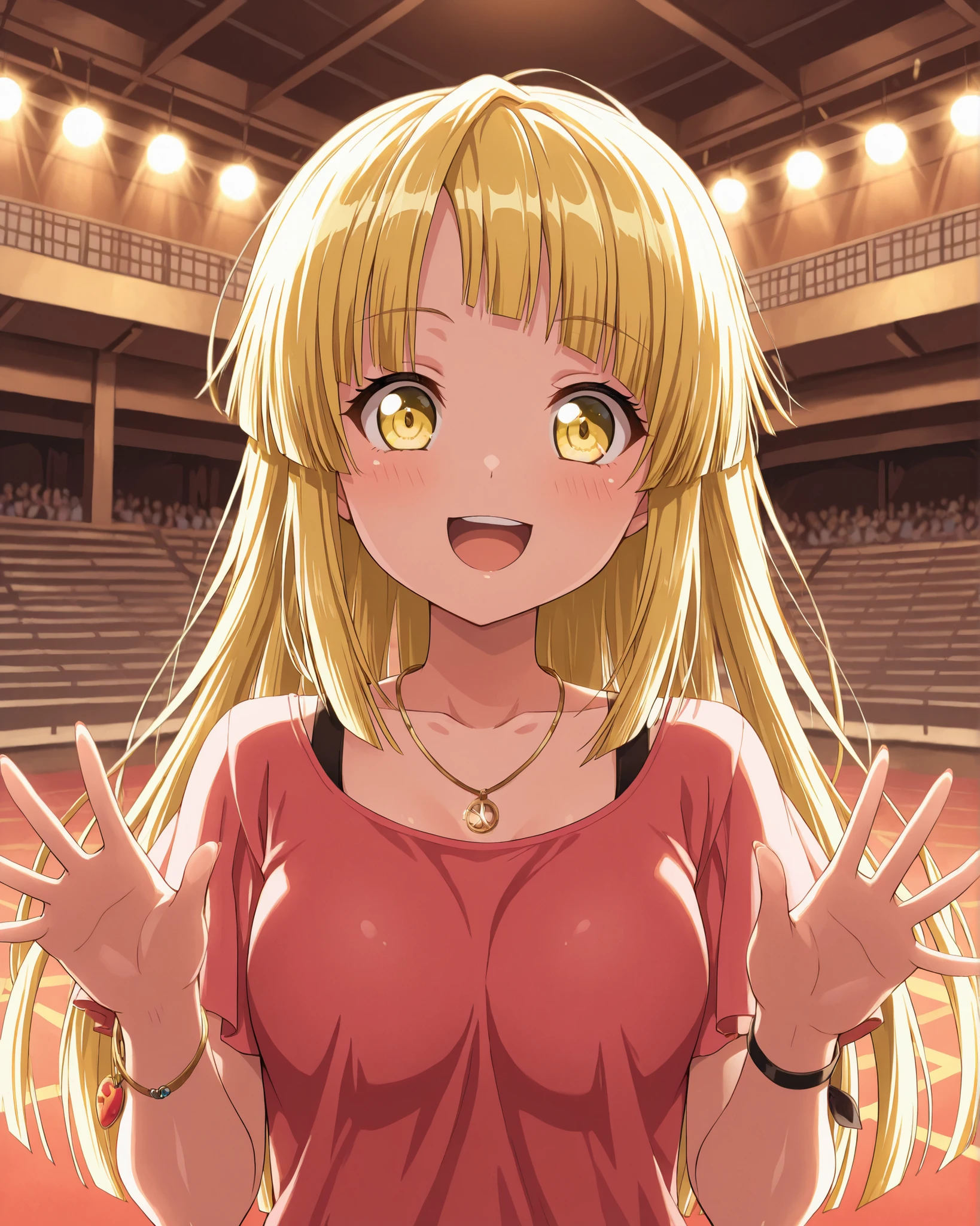 score_9, score_8_up, score_7_up, score_6_up, score_5_up, score_4_up, Source_Anime, Tag 1 , Tags 2, best quality, High Quality, detail, high resolution, 8k, 超high resolution, soft saturation, Professional Quality, perfect contrast, perfect lighting, anatomically accurate,Genmaki Kokoro Tsurumaki Kokoro Bandori! In the shade of a rock in the sea、I'm looking at Bandori's long blond hair,smile,petite,Western-style building,Dance hall,decora fashion,happy,existing,hands up,medium breast