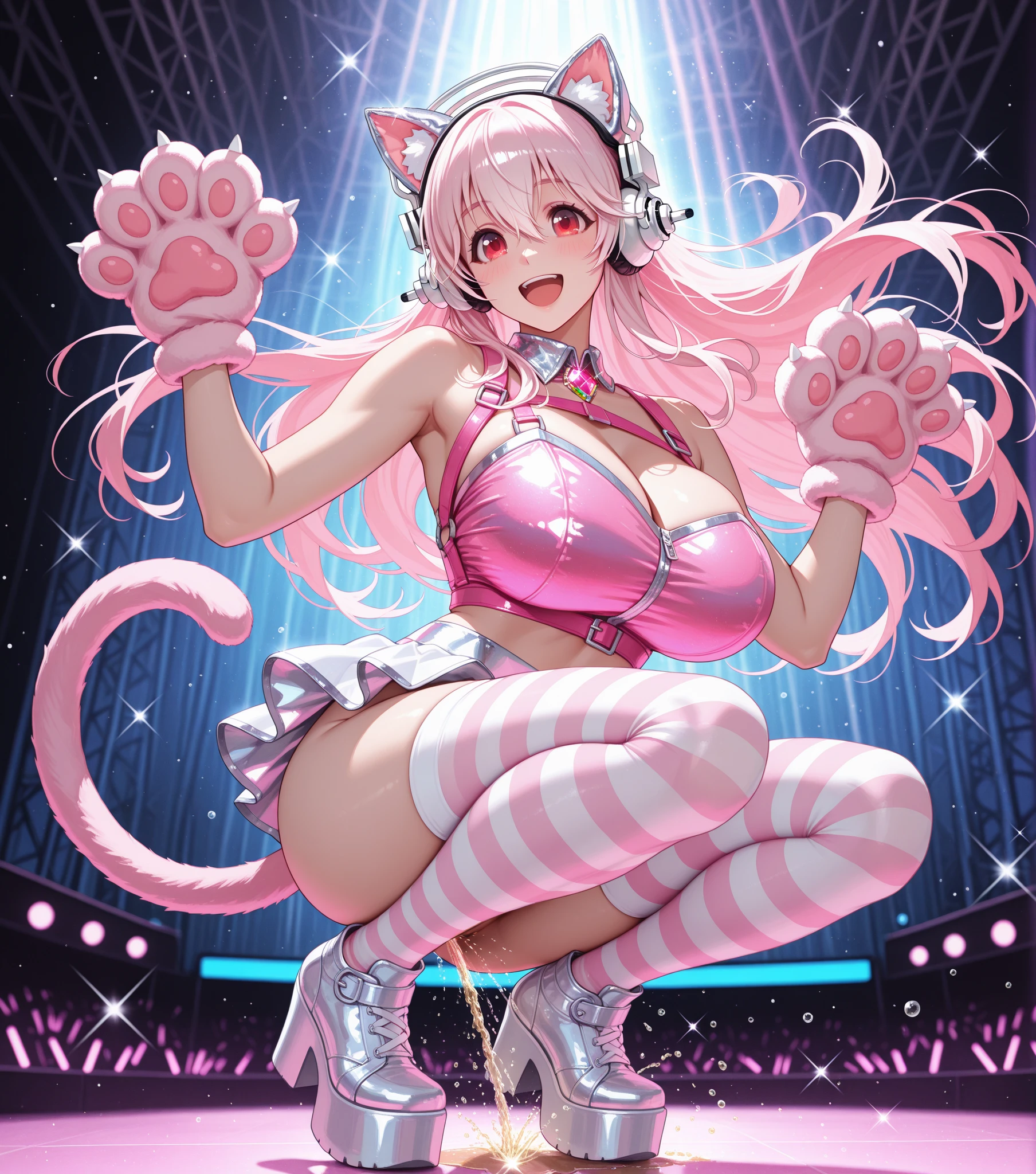 Happy , with wolf ears and pink hair, holding her cheeks, wolf tail, wearing a latex dress, looking at veiwer, full body, you can see her chest, naked breasts