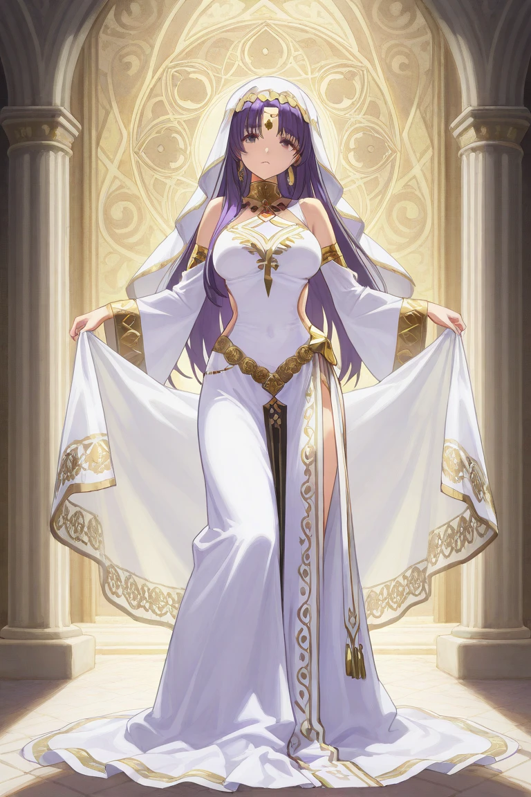 beautiful long-haired girl with long purple hair, tall, from a noble family of the Middle Ages, milf, charismatic. but quite restrained, in a wedding dress