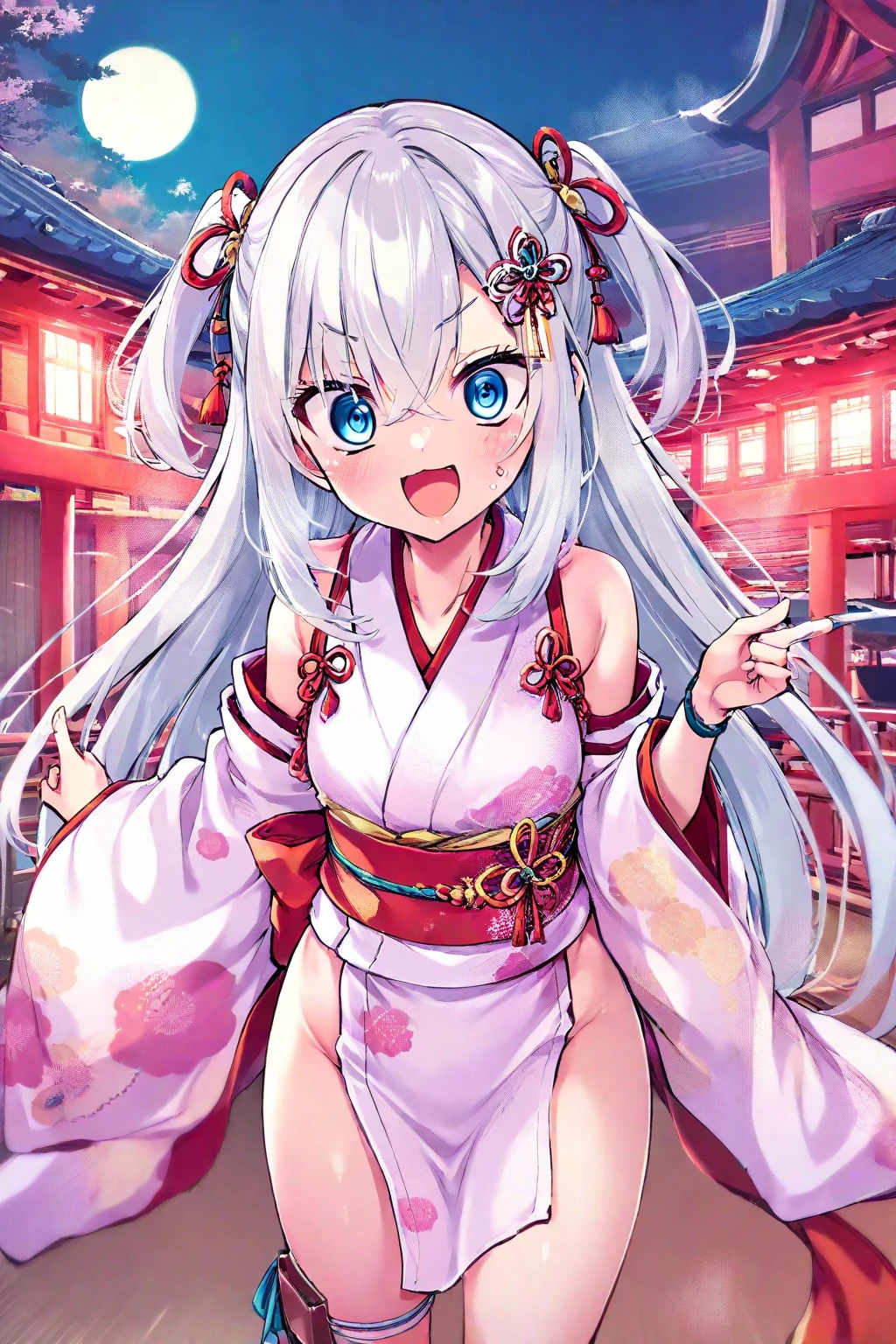 nsfw,{{masterpiece}},{{best quality}},Illustration,portrait,{1 girl},(long white hair,detailed red eyes),multicolored hair,((gradient hair), white+(blue)+(pink:0.5) hair//),{fox eartremely detailed blue eyes},{{arms behind back}},slender figure,{lilieield},{bare shoulders},{long detached_sleeves},{slightly leaning forward},looking up,hair ornament,{shy},head tilt,{medium breasts},cinematic lighting