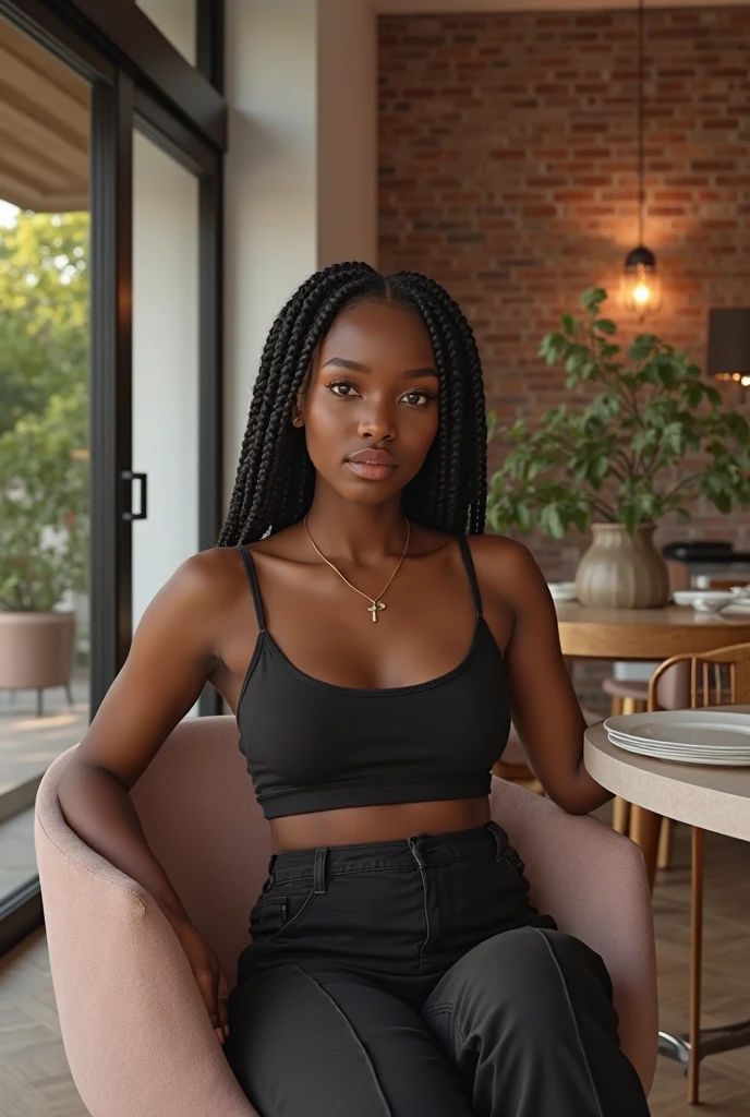 (Maintain the face of the previous prompt) An ultra hot young beautiful African woman, age 19, black curly hair, height 5′ 6″. she's a playmate, men's magazine model, sitting, enjoying a cup of coffee, touching her hair, in a busy cafe, in the morning. She wears a long black skirt and a white top. Perfect ???????, perfect hair, perfect breast, perfect body, perfect hands, perfect face, totally realistic, human skin, studio lighting, perfect, wide hips, thick thighs, big ass, UHD, taking a selfie, smiling seductively
