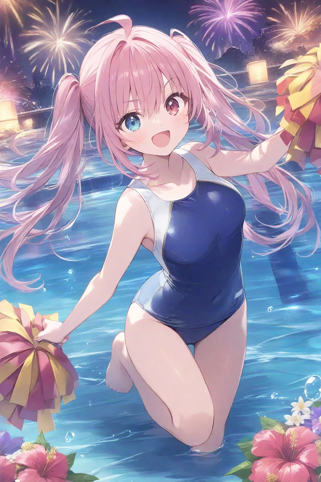 Score 9, Score 8 up, Score 7 up, The rating is questionable, Detailed Background, Daiwa, Large Breasts,1 cute girl, pink hair, short bob hair, hairband, blue eyes, middle breasts,
school swimsuit, smile, open mouth, in pool, sunlight, lens flare, splash water, cowboy shot,
break
masterpiece, best quality, very aesthetic, absurdres, absolutely resolution, ultra detailed, 64k, super fine illustration, highly detailed beautiful face and eyes, perfect anatomy, professional lighting