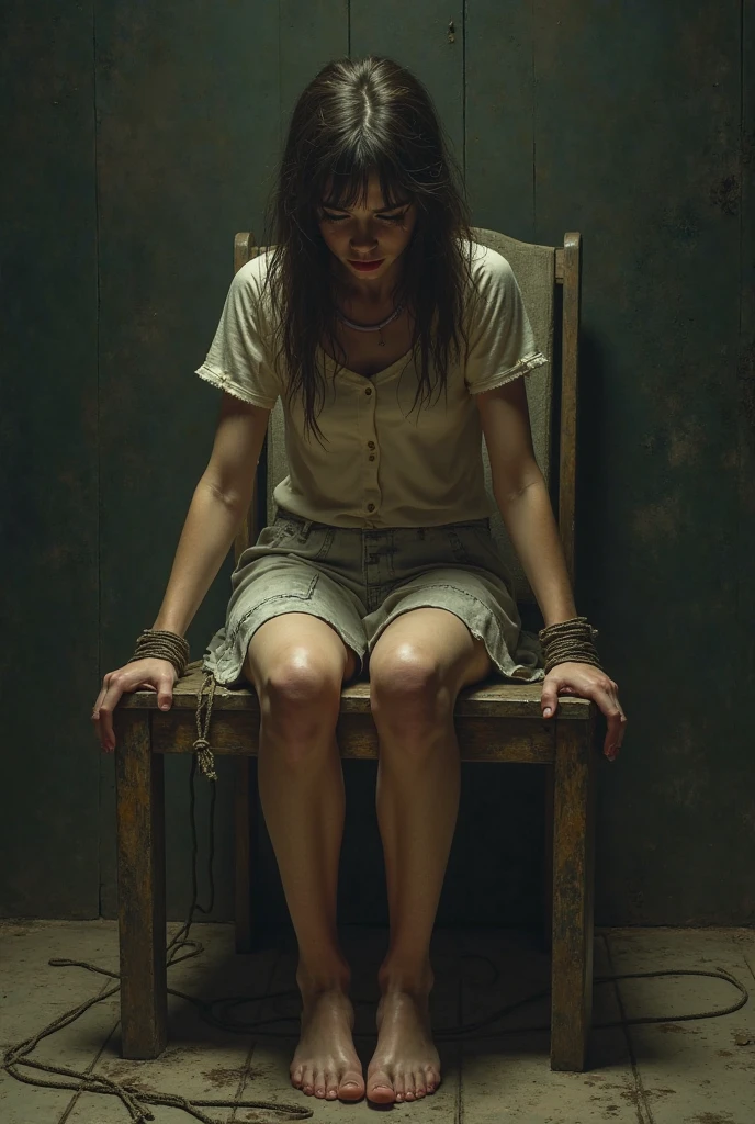 A girl who is tied to a chair.