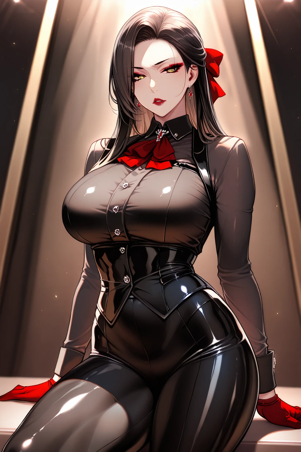 slim latina, burgundy hair, ((high ponytail)), medium wavy pony, blunt bangs, light skin, brown eyes, smirking, red lipstick (bimbo lips), wearing red glasses, slim waist, big breasts (giant breasts:1.3), slutty secretary attire, wearing white blouse ((white attire)) and stockings, (puffy long sleeves), ((red ribbon, bowtie)), black leather skirt, waist belt, wide hips, bent over, from front, facing viewer, inside a mansion, dim lights, ambient lighting, wide shot ((masterpiece, ultra high res))