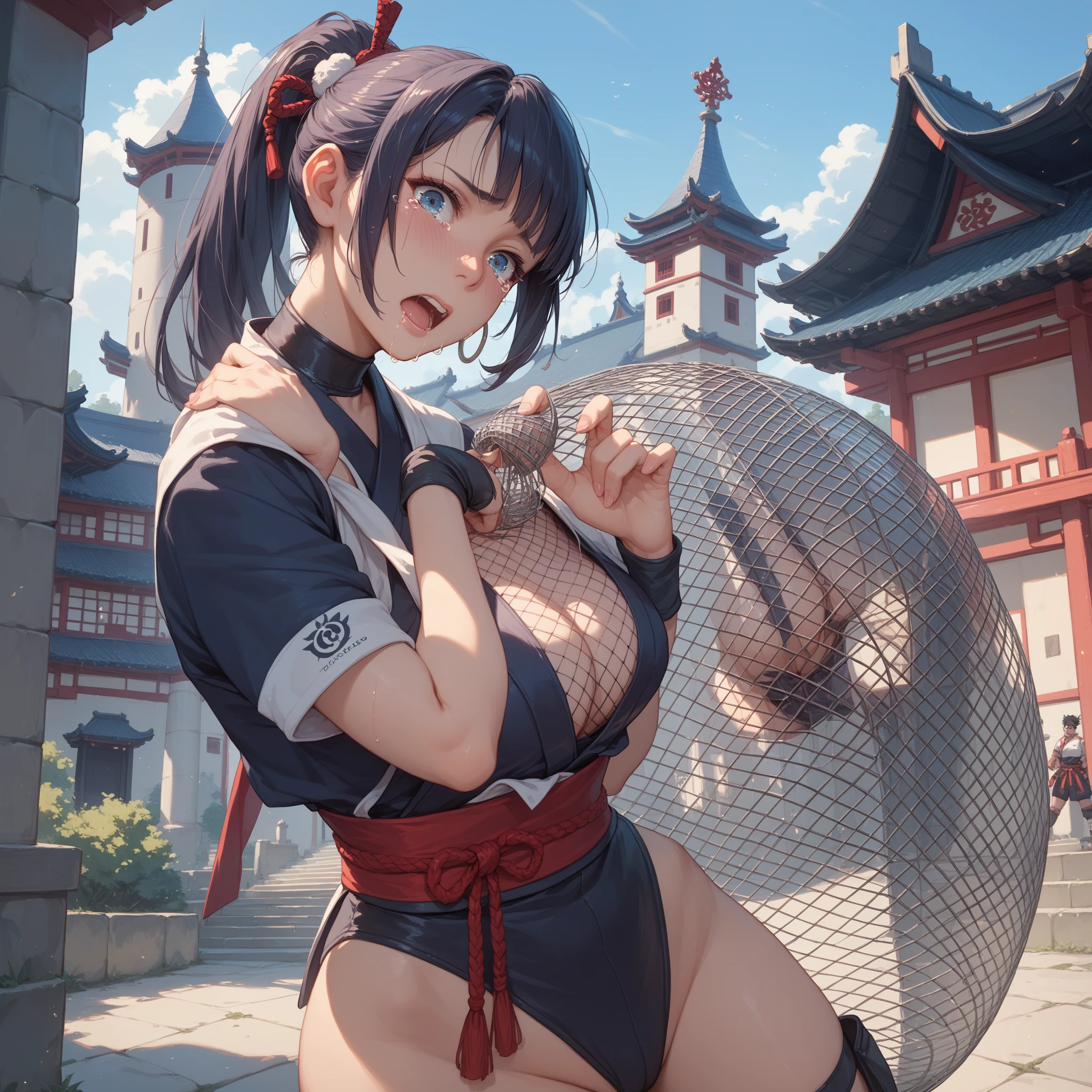 ((Top image quality)),((NSFW)),((Bukkake)), ((facial cum shot)),((The bust and face are full )),, (Eye of the Heart, Ahegao, Torogao,Embarrassment), (masutepiece, 8K,Very detailed),1girl , (kyoukaikingdom),green eyes,black hair,long white headband, ((underboob)), thin breasts, KyouKai, ((Squatting,Knee up)),((Crotch grabbing,masturbation)), (show off nipple),(Night exposure in china slums),Textured skin