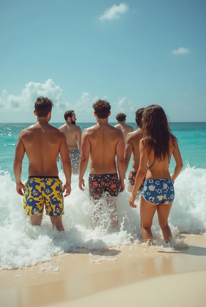 A handsome 27-year-old tall white young man in a men's fashion show on the beach shore wearing a de arco iris swimsuit with a beach ball in his hand. Many people applaud him and bubbles are around him. Tight boxer shorts in the color arco iris flag. Unshaved, white, tall with black hair flaquito