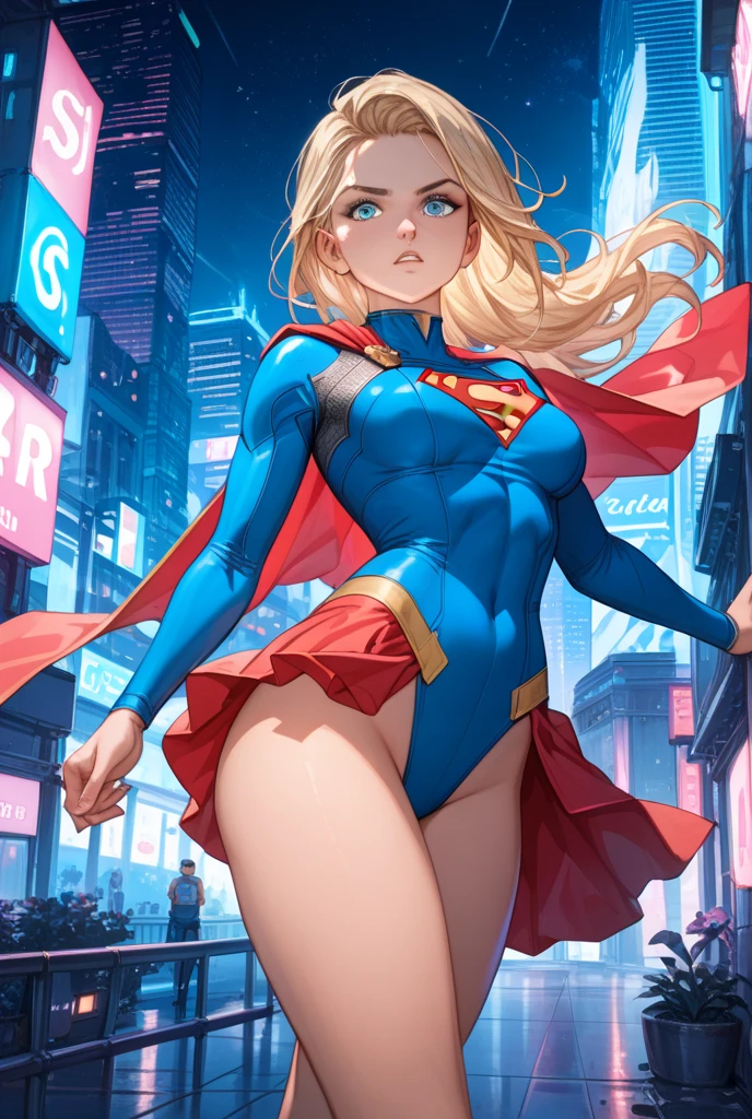 a digital painting of supergirl merging with venom, long hair, cyberpunk art by Josan Gonzalez, winner of the behance contest, afrofuturism, synthwave, neon, shiny neon, thick thighs, thin waist, sensual, nsfw, little clothing, erotic art, anime, torn battle clothes, extremely sexualized, sweaty body, NSFW, big breasts, big ass, HD, 8k, High quality, details, perfect body, Highlight the body, detail on the perfect face, detail on the backdrop, blood on the body