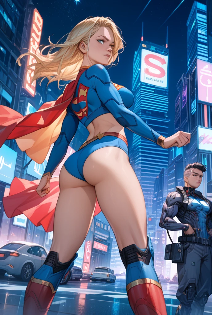 a digital painting of long-haired supergirl, cyberpunk art by Josan Gonzalez, winner of the behance contest, afrofuturism, synthwave, neon, shiny neon, thick thighs, thin waist, sensual, nsfw, little clothing, ?????? art, anime, torn battle clothes, extremely sexualized, sweaty body, NSFW
