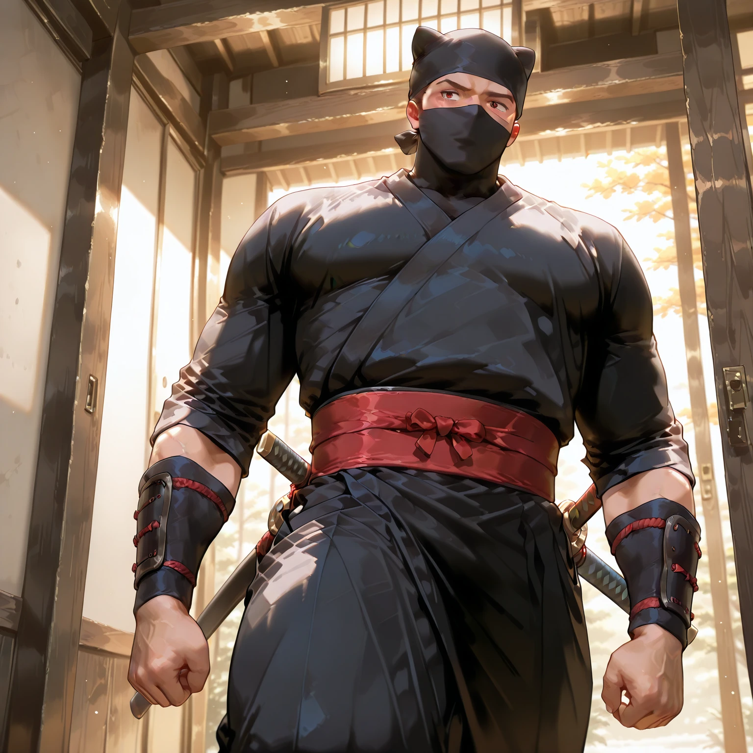 ((high resolution, masterpiece, perfect face, high quality)), realistic, perfect face, <lora:90sTMNT_Shredder:.8> Shredder, muscular build, red gi, bladed armor, helmet, (city rooftops, night time)