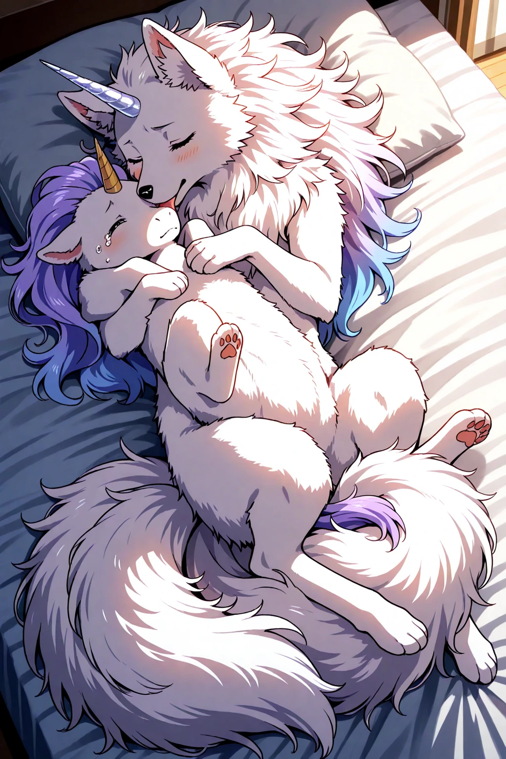 (fluffy anthro furry :1.6).(young :1.6),fox girl,2 girls,blue long hair,pink fur,flat chest,lesbian,french kissing,fingering,gold sunlight,luxury bedroom,room full of lily flower,in bed,front view,full face blush,orgasm