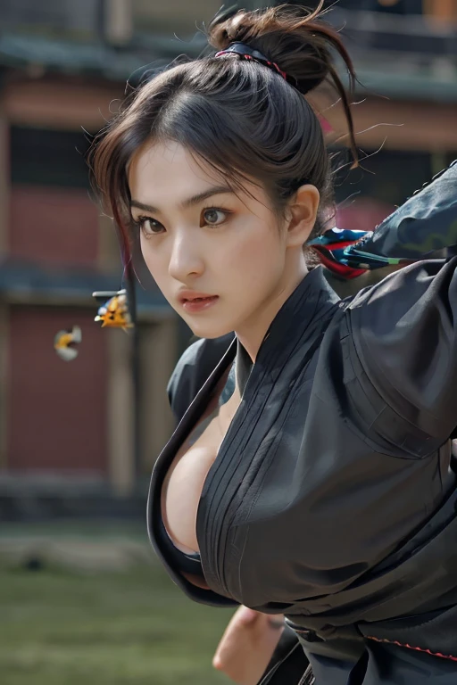 Highest quality, Realistic, Very detailed, finely, High resolution, 8k、Beautiful Japanese female ninja、Running on fire