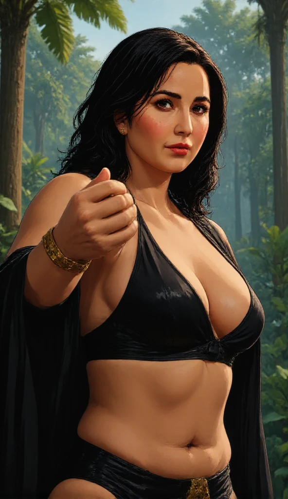 gthazon,black hair,red lips,hair to the side,forehead jewel,black eyes,
muscular,nude,(detailed areolas, detailed nipples, detailed breasts),leaning back,sweat,navel piercing,
jungle,hut,
(insanely detailed, beautiful detailed face,  masterpiece, beautiful detailed  eyes, best quality),<lora:Goth-10v6:0.8>,