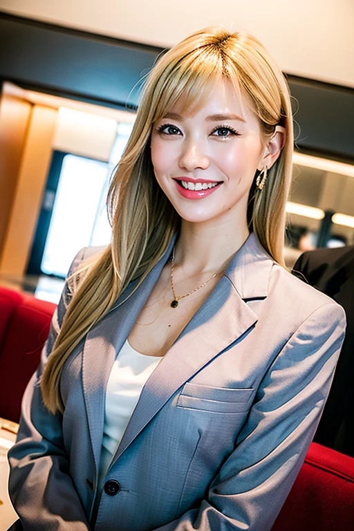 (8,000; Best Quality: 1.2), (Realistic, Realistic: 1.2), Lovely, Solo, Sky is Beautiful and Clear, Night, Moisture, Watching the Audience, (Sit: 1.4) Date, Mirai, (Nose Brush), (Smile: 1.15), Delicate eye (Deep Blonde: 1), Floating Hair Nova FrogStyle, Navy blue Suit Jacket, Burton T-shirt, Beige Pleats Skirt, Makeup, Lover's Smile, 40 years old, Beautiful (8,000, Yes, RAW Photo: 1.2, Random body orientation, 