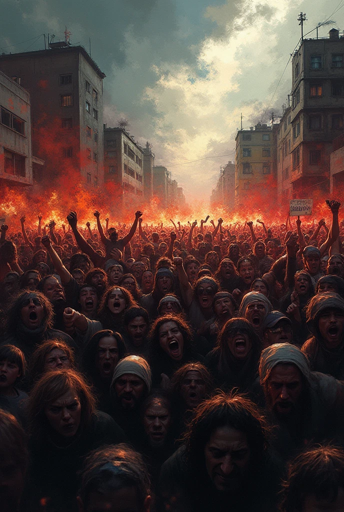 Group of people fleeing on a highway full of vehicles, people are followed by a horde of zombies that have red skin, In the background you can see buildings on fire and more people fleeing from other zombies