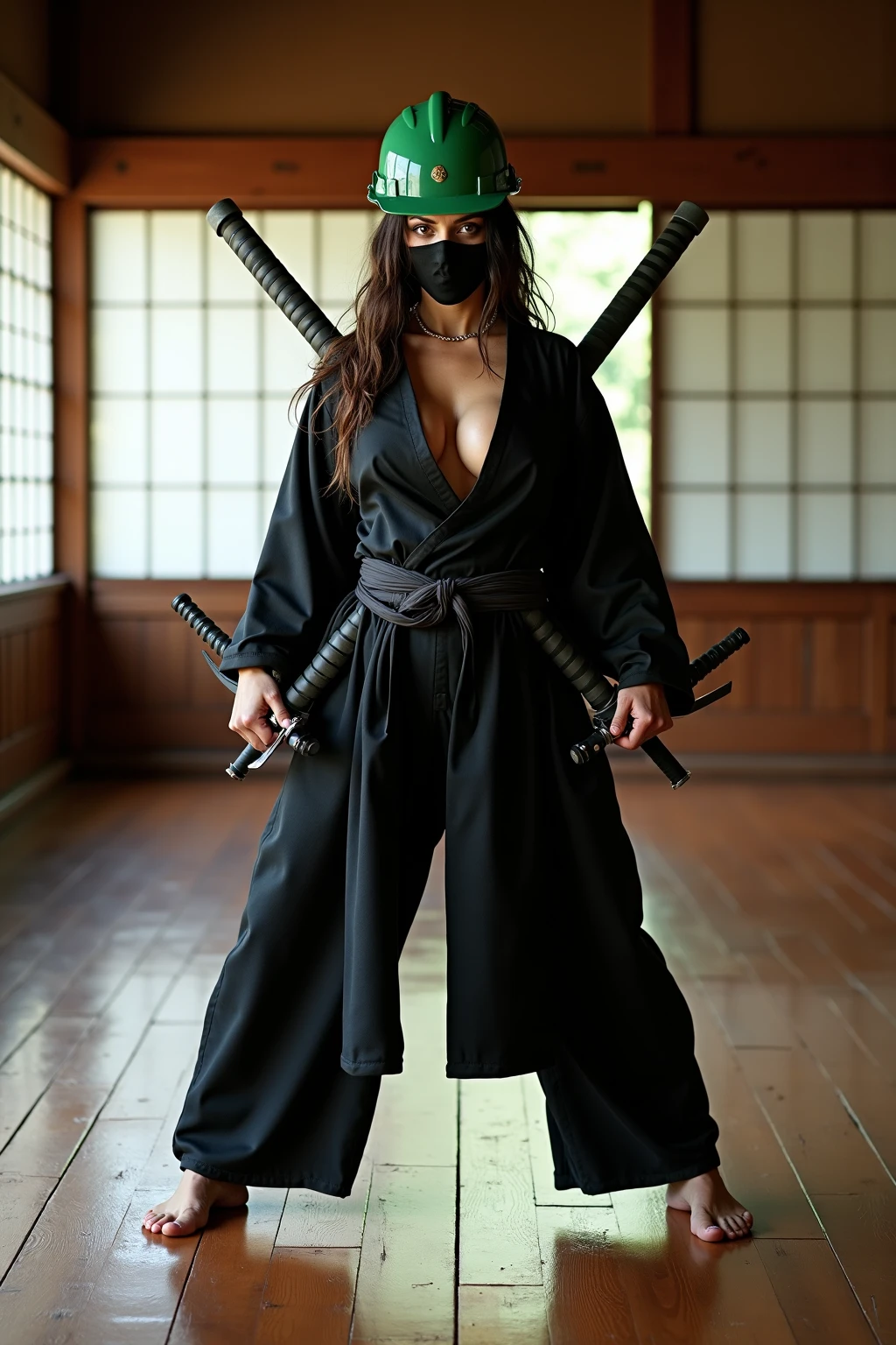 top-quality, masutepiece, 36K, very high res, hyper realistic photography, (((Midnight view, Dark room))), Edo era, in Japan), ((1girl in)), perfect human shape, (outfit: Ninja sheer and torn armor, Japanese Ninja black costume, Kunoichi_Japanese female Spy, sexy thief, Ninja black mask, ninja hood, holding weapon), Portrait, hyperdetailed face, ultra realistic textures, (fight standby pose, in the messy and shabby abandoned Japanese style castle), ((view full body and entire room)), Super big spilling out of armor, Exposed super-massive cleavage from armor,