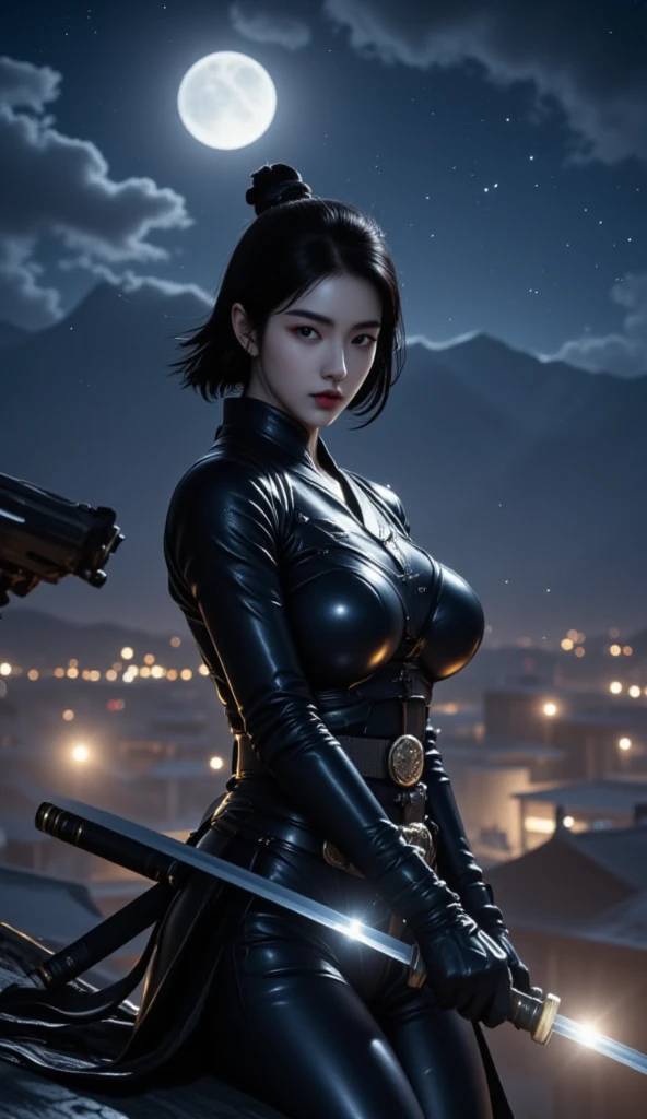 Sylas, as a female, standing defiantly on a battlefield, her attire glowing with dark purple and silver, in the new Battleborn Queen skin with fallen enemies and a war-torn landscape stretching into the distance (having beautiful breasts: 1.33), (having clothes: 1.77).

