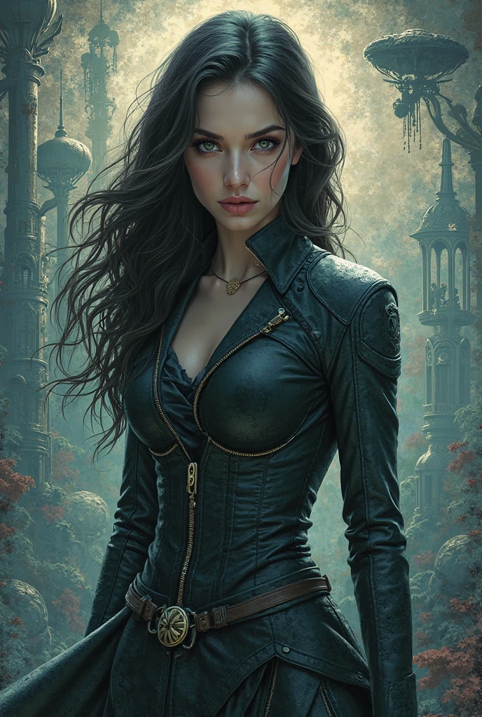 Make a picture of an extremely beautiful woman, long black hair slightly wavy, golden eyes like gold, Curvy Body, she wore an all black spy outfit, more drawn to the medieval era, On her back she has a bow and arrow, the face with some bruises, and she is in a dark forest, it is raining very hard with lightning above the clouds, she has a scary and intimidating look