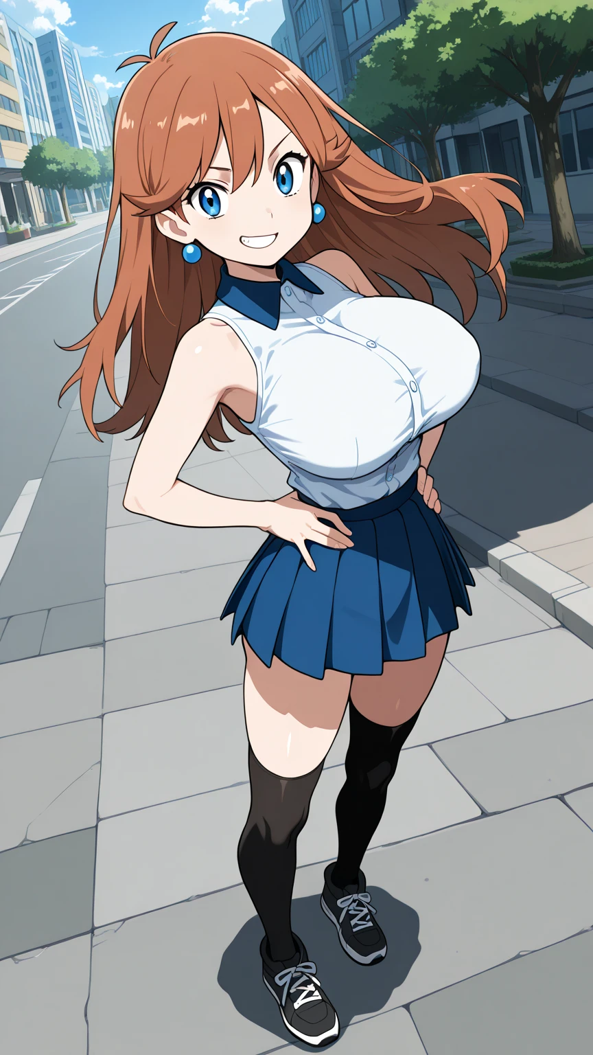 ultra-detailed, (perfect anatomy:1.3999), (close-up shot, dynamic shot, side view, very low angle:1.399), (ultra beautiful perfect detailed smile face:1.3999), (finely ultra-detailed eyes:1.3999), slim waist, curvy hourglass figure, perfect and proportional body, (((glamorous athletic giant girl, only 1 girl, alone, running with destroying city:1.25))), beautiful Asian actress face, ((thick thighs:1.399)), fit curvy physique, inverted body type, attractive feminine curves, ((gigantic breasts:1.25)), (((thick voluptuous arms and legs:1.399))), feminine curvy figure, (style of plump voluptuous body), (plain white over-the-calf socks, bare knees:1.25), masterpiece, highres, best quality, RAW photo, ultra-detailed, CG, unity, 8k wallpaper, extremely detailed CG, extremely detailed, an extremely delicate and beautiful, extremely detailed, Amazing, finely detail, official art, High quality texture, incredibly absurdres, huge file size, photorealistic, ((HaruCheerUniform, blue skirt)), (Nelly, GTS, rampage, destroying city:1.25), blue pleated mini skirt, white sleeveless tops, plump, (bare knees, bare arms, bare elbows, bare shoulders),