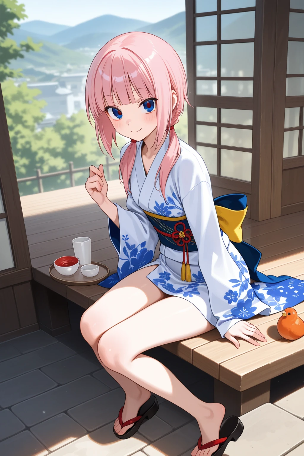 masterpiece, highest quality, High resolution，Anime Style、Characters from Tensura、Milim　　　　　　　　　　　　　Platinum pink hair（Twin tails:1:20）（Ahoge:1:10）、blue eyes、About 10 years old、、Smile with your mouth closed、The double tooth shines、Red on the neck、white、A necklace with a blue magatama、Border socks、Smiling innocently、Yukata、stand