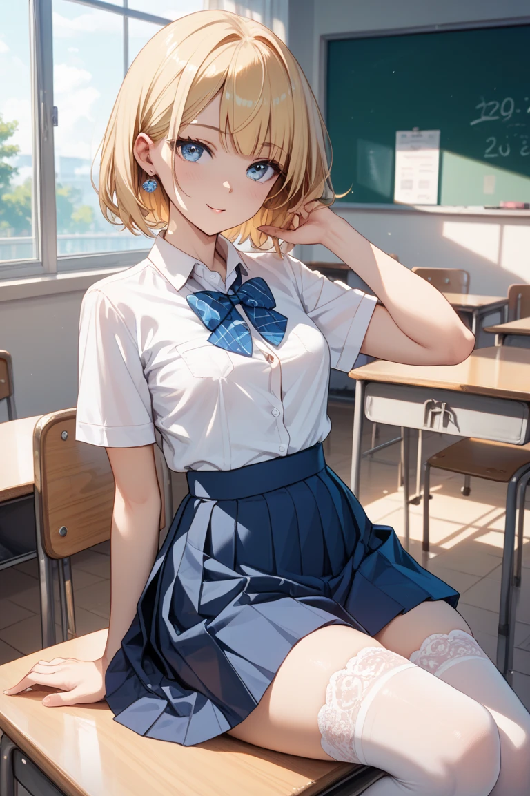 Dreaming highschool girl, watching in the window, seating in the class room, grey eyes, grey mini skirt, very short blond haircut, white school uniform blouse, black tie, perfect legs