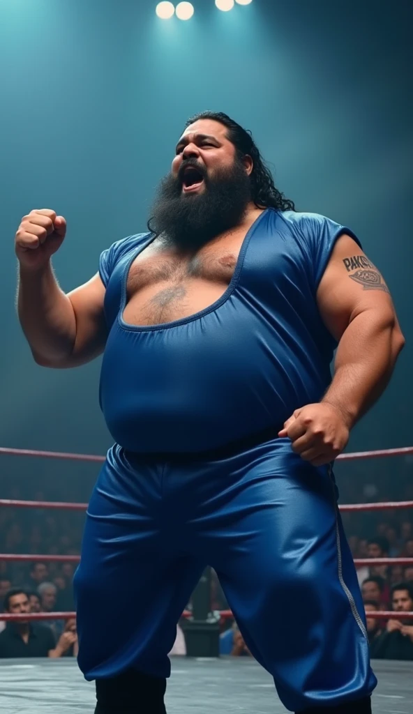 chubby muscular fluffy polar bear with a gray beard huge eyebrows and huge fangs and huge upperbody wearing black wrestling trunks while sweaty and knocked out in the wrestling ring