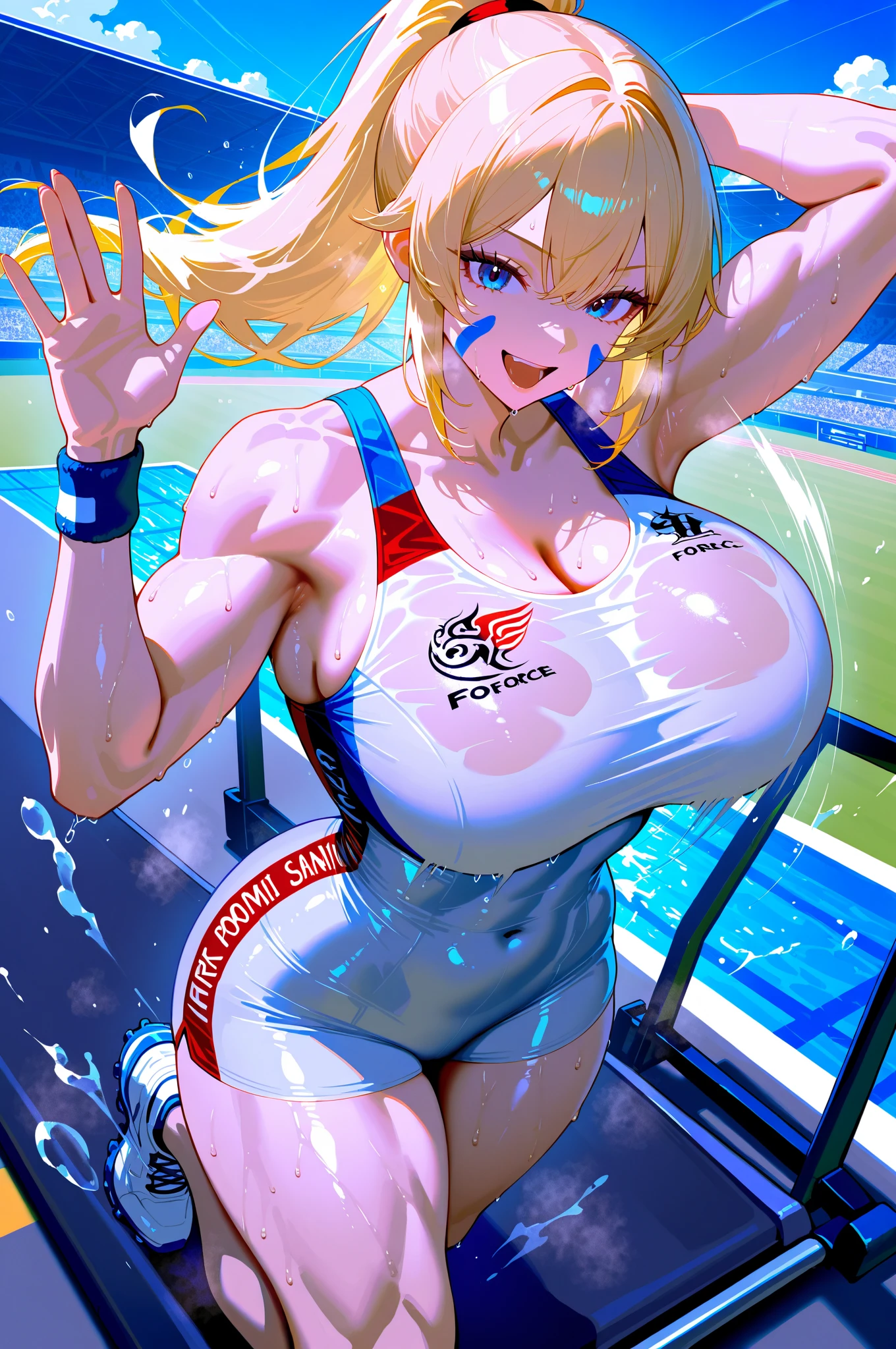 (White background, 1girl:1.4), BREAK,Long blonde hair, blue eyes,Narrow waist,voluptuous Breasts,(one-piece competitive swimwear,one-piece competition swimsuit:1.6), blush,Open your mouth,(covered nipples:1.2)