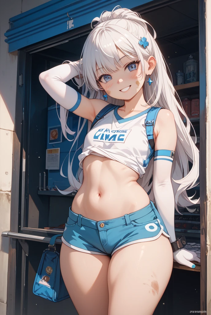 mixed_artwork style, neckleace, sweaty,
1 girl, standing alone, hands, Asian, thick, short white blouse tied, big neckleace, short shorts, ink eyes, white hair highlights, twin tails, Details of the lotus flower, sarcastic smile, star and heart touch, Efeitos, sfw, Checking on your cell phone 