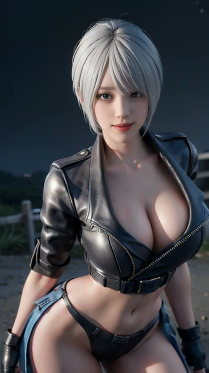Upper body, 1girl in, (Angelum:1.4), Large breasts, Panties, Midriff, facing side, Looking at Viewer, (the presence of large cleavage in the chest), Cropped jacket、Grinning、A detailed eye、A detailed face、motion-blur、((tremble for、kick、Highkick、while leaning your body、capoeira kick)),