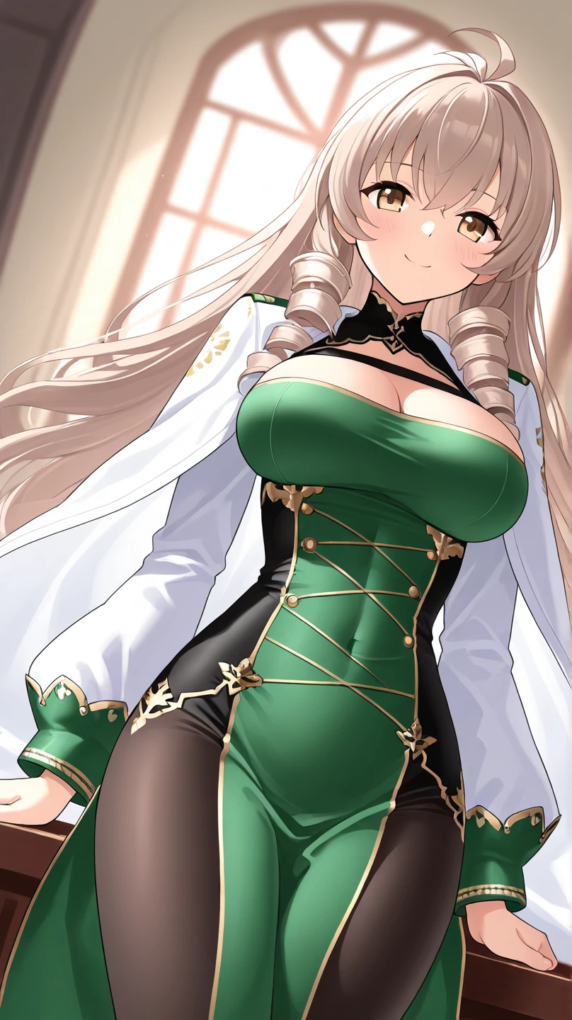 ((Beautiful Beautiful Girl)),(dark green heart color eyes), 1  and slender woman, degree々big breasts, ((Silver color hair)),((long braided hair)),In 8K, top quality, (highly detailed head: 1.0), (very detailed face: 1.0), (highly detailed hair: 1.0),((dress Clothes )),Detailed official artwork, clean detailed anime art,