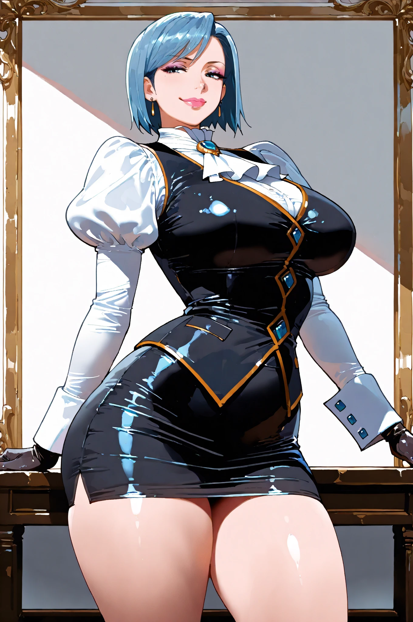 Pose: seductive crawl, Girl, dark skin, 30 years old, full bust, firm ass, slim waist, assymetrical short blue hair, clear blue eyes, sensual lips, formal clothes