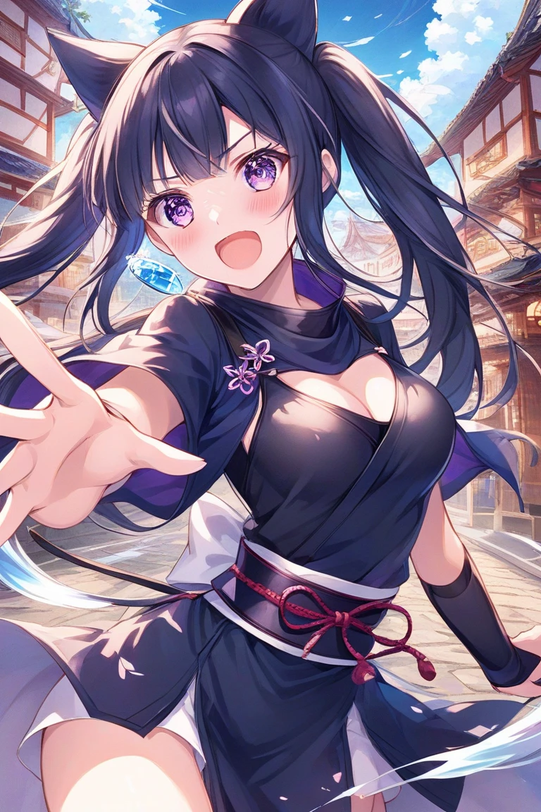 (Kunoichi in the late teens (only one person)), tying chestnut hair to a ponytail with a light green ribbon, big black eyes with a slightly raised corner of the eyes, lips are colored pink and beautiful, beautiful, fingertips Indigo long gloves with light purple knee socks and boots, (indigo-colored Kunoichi costumes (the shoulders of the kimono are cut off) (short hem with slits on the sides) (small on the kimono) Double-layered light purple garment with a light green belt) (both breasts inflating the chest of costumes))