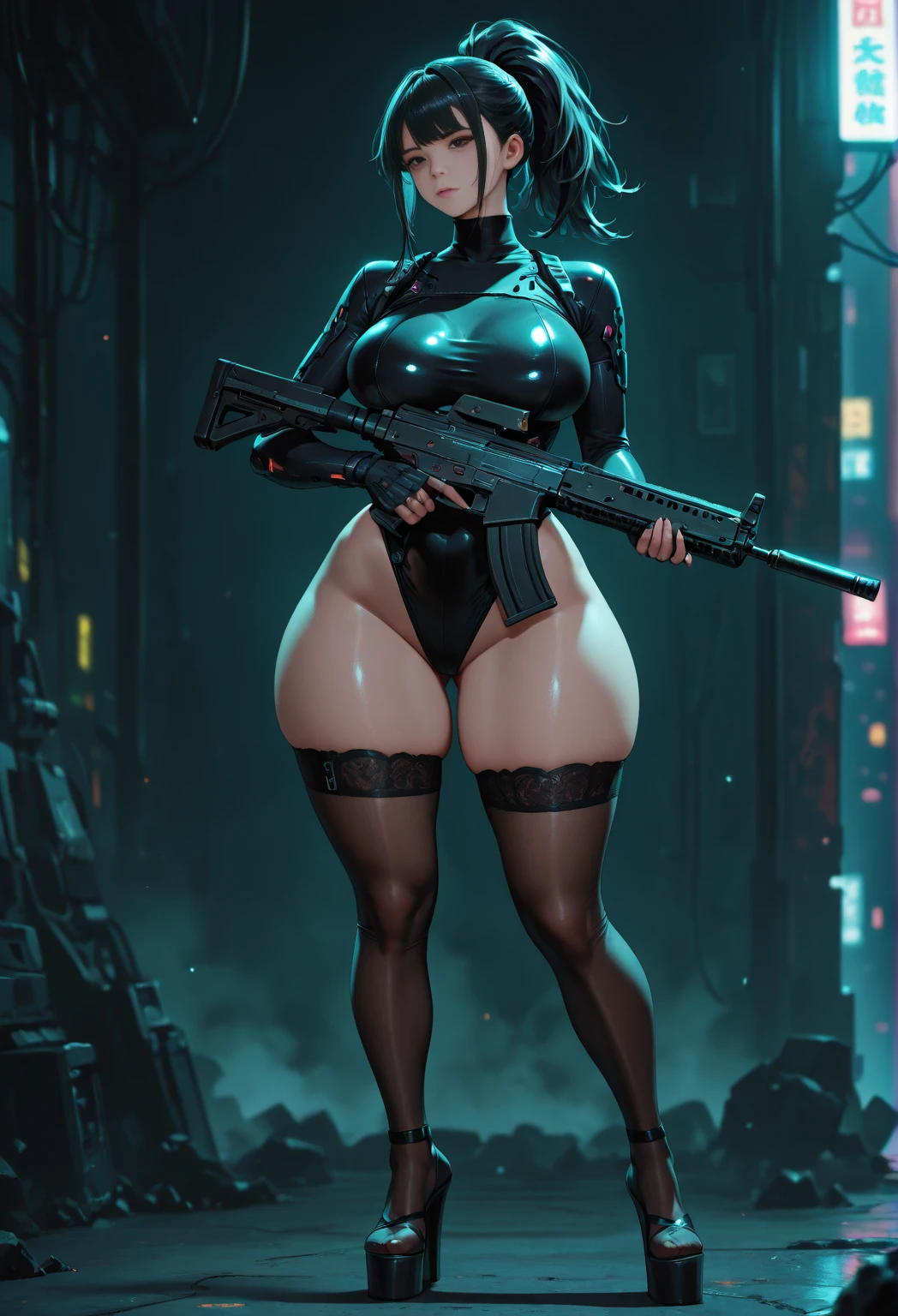 Cyberpunk, soldier girl, thick thighs, wide hips, high heels, high cut leotard, platform heels, angry look, open mouth, garterbelt,