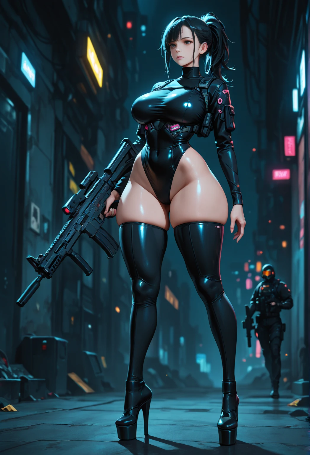 Hyperrealistic version of a woman giant. A giant woman in a suit cyberpunk lying on top of a cyberpunk city, Little guys running around the giant girl, Standing on her hand, cgsociety 9, 2. 5 d cgi fantasy art, engine rendering unreal + a goddess, full body cgsociety, artgerm ; Hyper realistic 3d content, giant art, super detailed 3d matte paintings, super detailed 3d matte paintings, realistic fantasy art, realistic 3 d anime style. Beautiful girl. Big thighs."The little people stood on the top of a high-rise building waving to the girl".Wear short skirts.