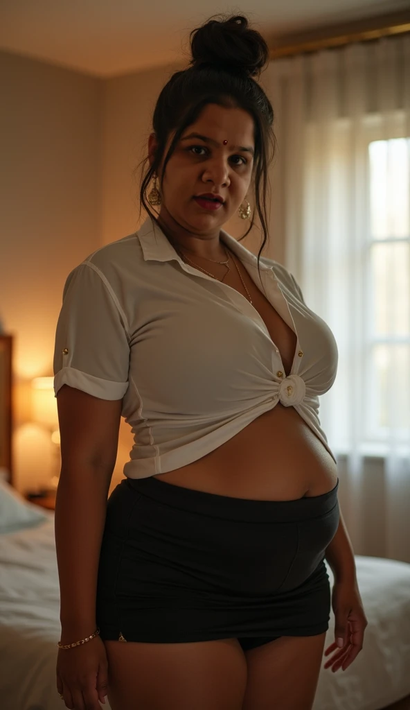 A 35 years old chubby indonesian woman with big breasts, big belly, bob cut hair style, wear sheer and tight white shirt with opened button, black mini skirt, sexy sensual and seductive expression and pose, holding some document, on the desk in the office, realistic photography, natural light, look at the viewer,