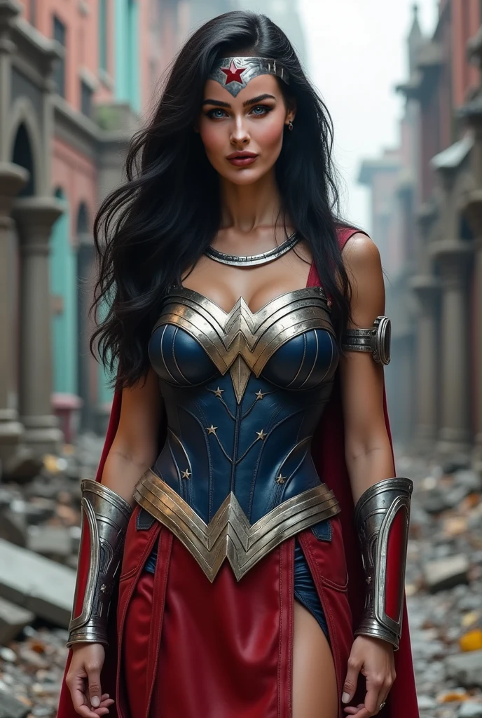 The character Wonder Woman, in action pose, holding your sword and shield, perfectbody, upturned and provocative buttocks, wearing your perfect little traditional costume, in red colors , dourado e azul, beautiful and stunning, in the background ruins of an ancient city