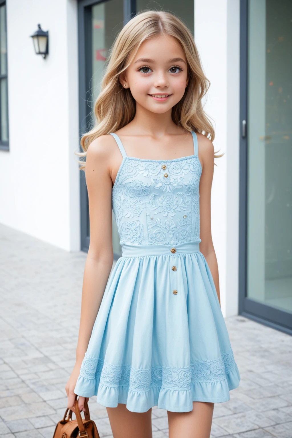 Young girl of  with brown hair, standing back pose, Real photo