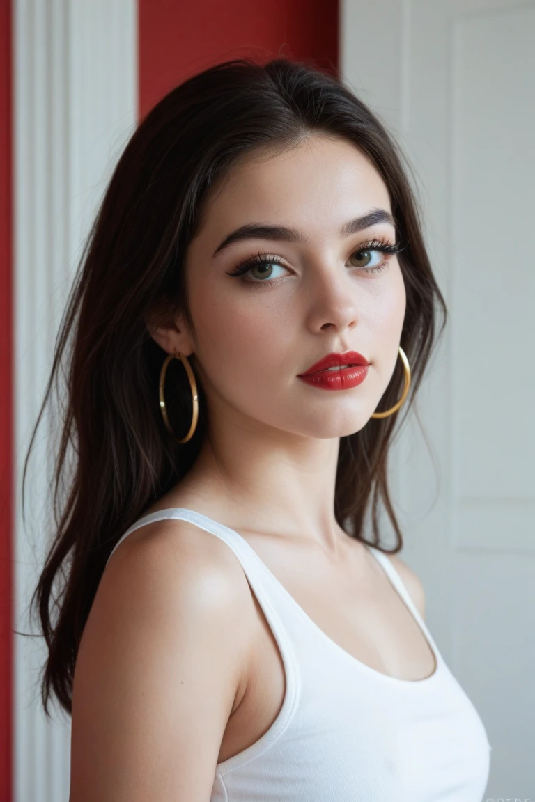samboss-2844, ((detailed skin, detailed face,detailed eyes, beautiful eyes)), ((red lipstick, eyeliner, eye shadow, blush)),
photo of a woman, closeup portrait, perfect hair, (modern photo, Melon tight top), 24mm, (analog, cinematic, film grain:1.3), (on the streets of Paris, nighttime, gritty:1.1), detailed eyes, ( pose), (epicPhoto), upper body, (looking at viewer), earrings, (eyeliner, eyelashes)