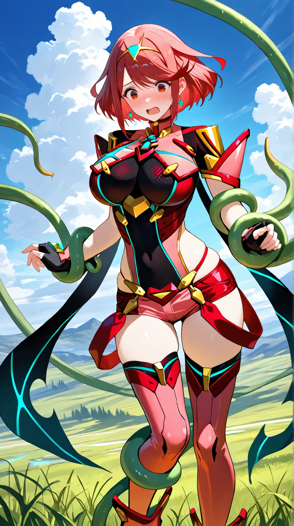 pyra \(xenoblade\), teen_1girl, loli, bangs, black gloves, breasts, red eyes, shout, earrings, eyelashes, fingerless gloves, floating hair, , gem, gloves, hair ornament, headpiece, jewelry, big_breasts, leaning back, swimsuit, neon trim, official art, pose, red hair, saitou masatsugu, short hair, sidelocks, skin tight, solo, swept bangs, thighhighs, tiara, fantasy_town_background, underbust, xenoblade chronicles \(series\), (xenoblade chronicles 2), (spread_legs:1.1), fire_effect,dynamic_pose,fighting,light_smile, (plump:1.1), big_ass,huge_sword, hold_large_sword_hilt, covered_nipples, covered_pussy, fists,ponytail,beautiful_fingers,(solo:1.1), bare_shoulder,(shoulder_naked:1.2), nipple_jewel,