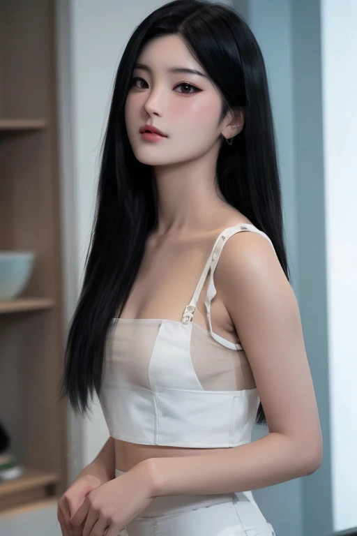 ((Highest quality, 8K, masterpiece: 1.3)), 1 Girl,
A Beautiful woman with slim abdominal muscles: 1.3,
Her long, lustrous black hair cascades down her back in soft waves, reaching the small of her back with a big bounce: 1.2,
She dons a simple yet elegant white bra top and matching panties, creating a subtle contrast: 1.3,
The intimate setting of an indoor environment highlights the scene, creating a sense of intimacy and vulnerability: Indoor,
Her highly detailed face is a work of art, with sharped features and description black eyes: 1.3,
